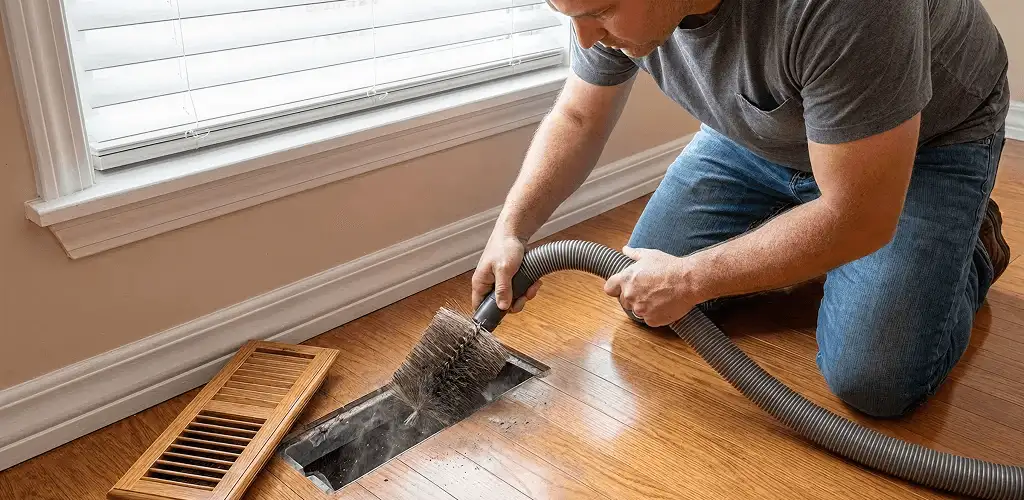 Air duct cleaning technician vacuuming a floor vent and duct opening in Tacoma, WA