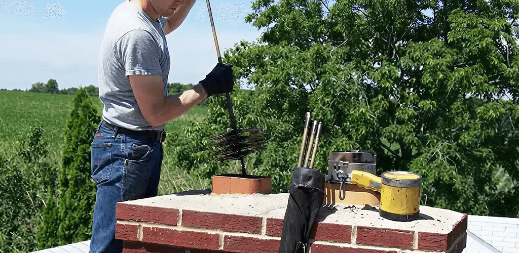 Chimney cleaning technician working on a rooftop chimney with professional tools in Tacoma, WA