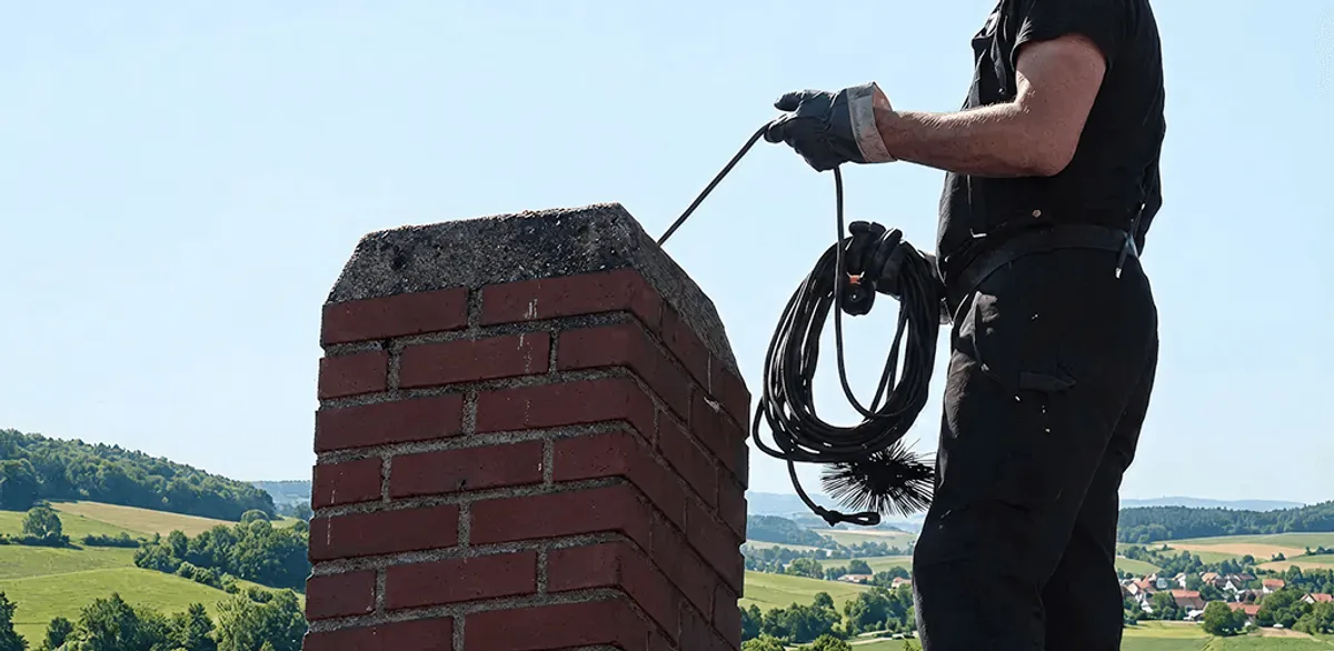 Chimney sweep inspecting and cleaning a rooftop chimney in Tacoma, WA