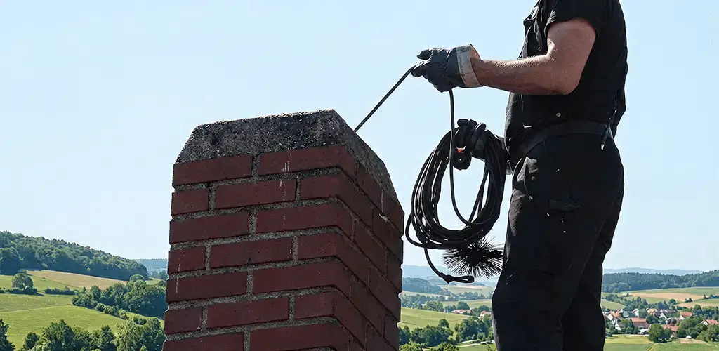Chimney sweep inspecting and cleaning a rooftop chimney in Tacoma, WA