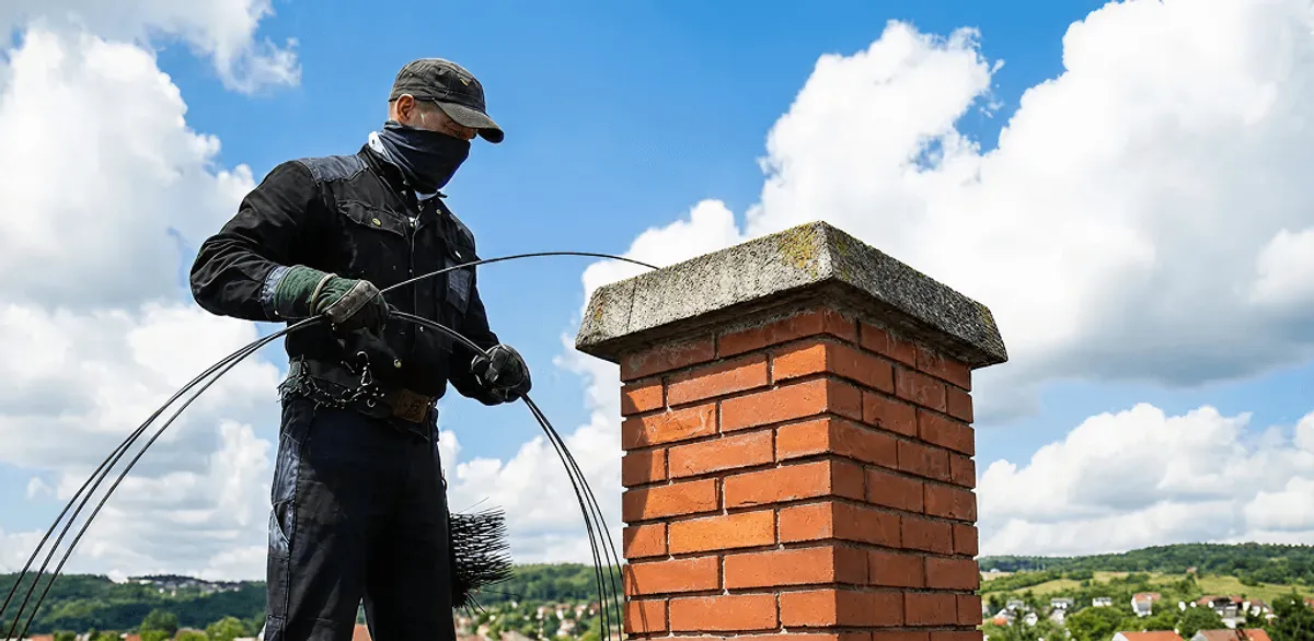 Chimney sweep cleaning a brick chimney with professional tools in Tacoma, WA