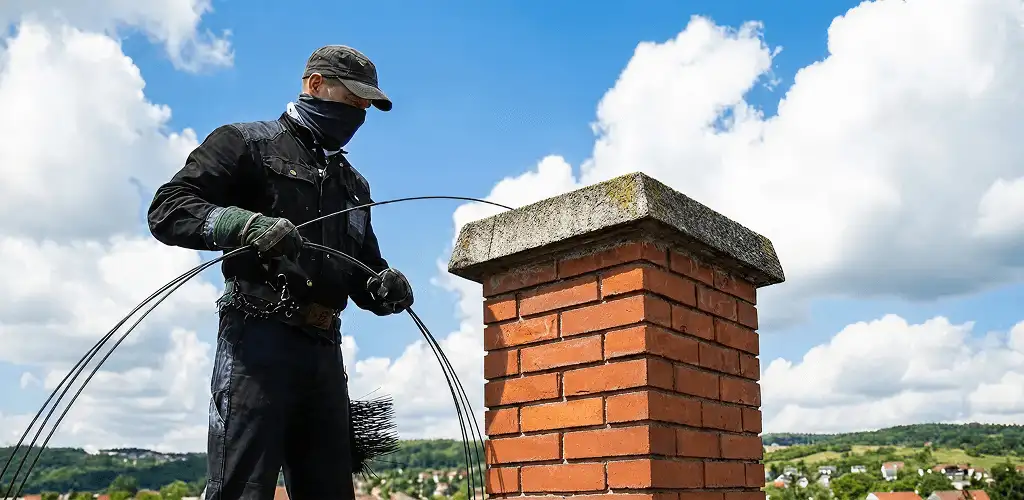 Chimney sweep cleaning a brick chimney with professional tools in Tacoma, WA