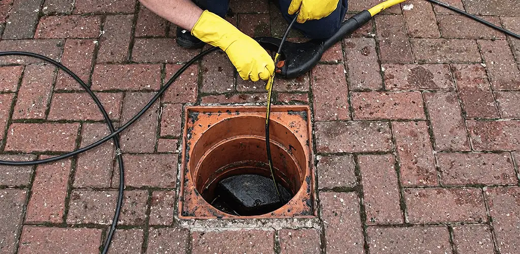Drain cleaning technician using a drain snake to clear a clogged drain in Tacoma, WA