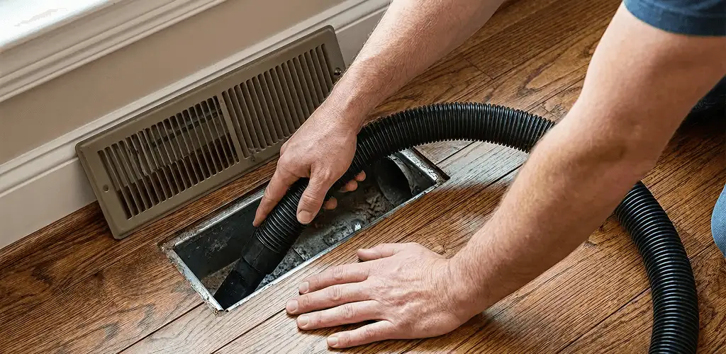 Air duct cleaning technician vacuuming a floor register and duct opening in Tacoma, WA
