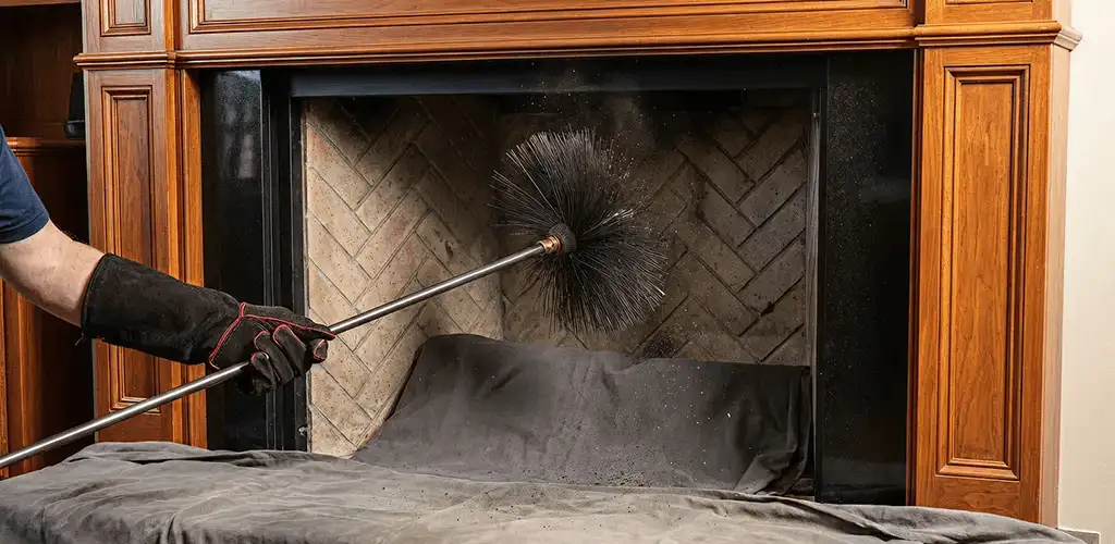 Chimney cleaning service brushing soot from a fireplace and flue in Tacoma, WA