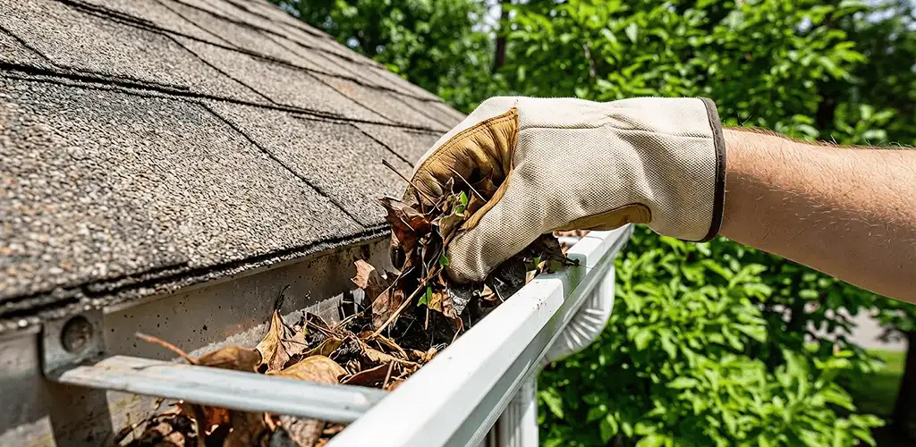 Gutter cleaning removing leaves and debris from roof gutters in Tacoma, WA