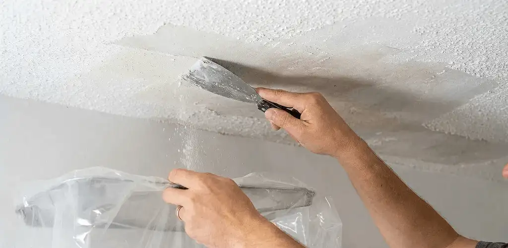 Popcorn ceiling removal technician scraping texture from a ceiling in Tacoma, WA