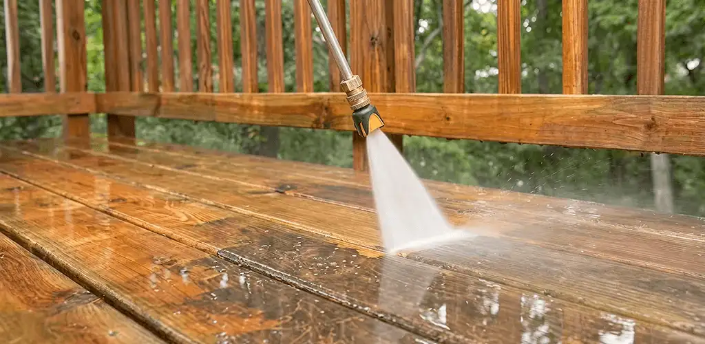 Pressure washing a wood deck to remove dirt and buildup in Tacoma, WA