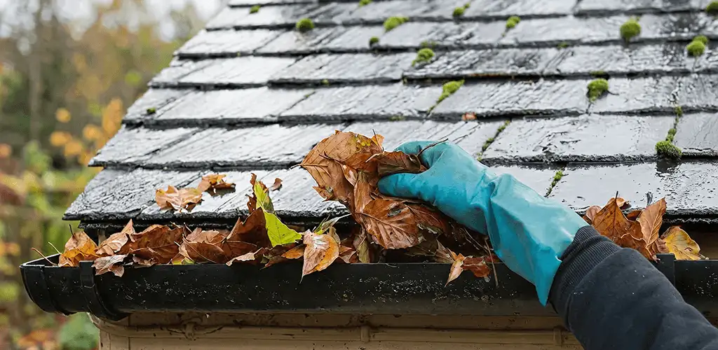 Gutter cleaning technician clearing wet leaves from roof gutters in Tacoma, WA