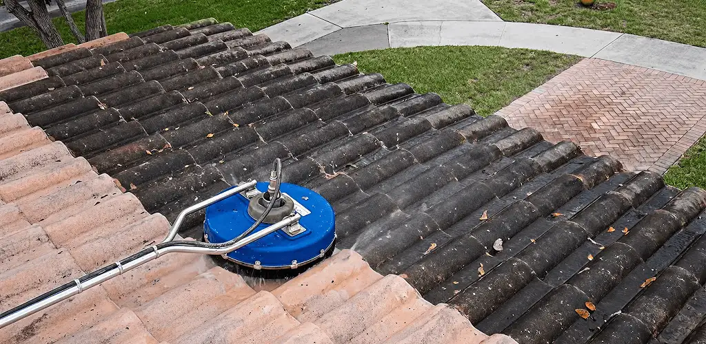 Roof pressure cleaning removing debris and buildup from roof tiles in Tacoma, WA