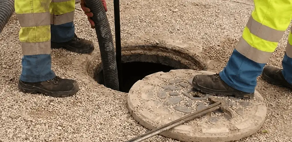 Drain cleaning crew clearing a sewer access point with professional equipment in Tacoma, WA