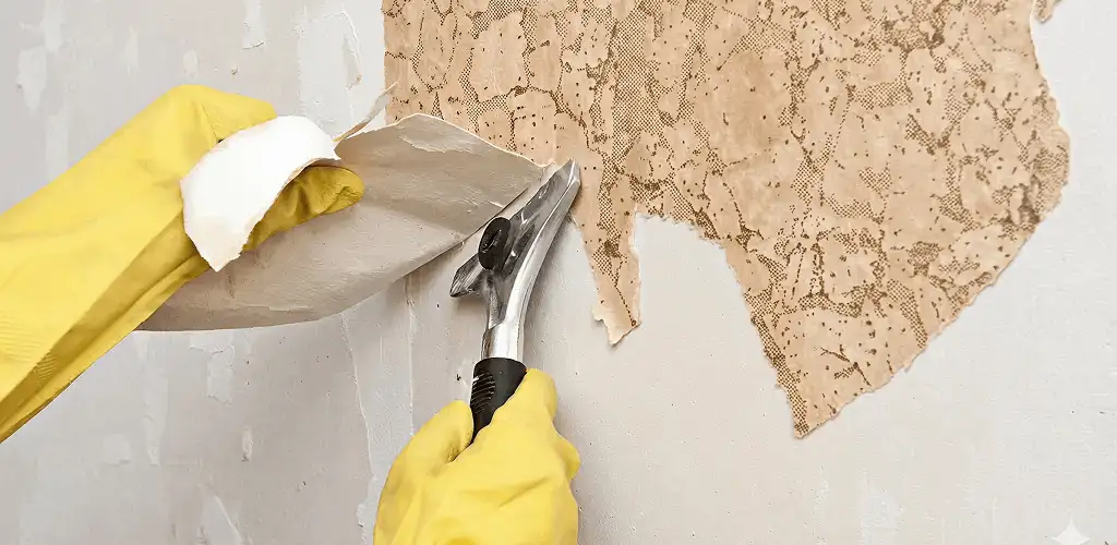Wallpaper removal service stripping old wallpaper from a wall in Tacoma, WA