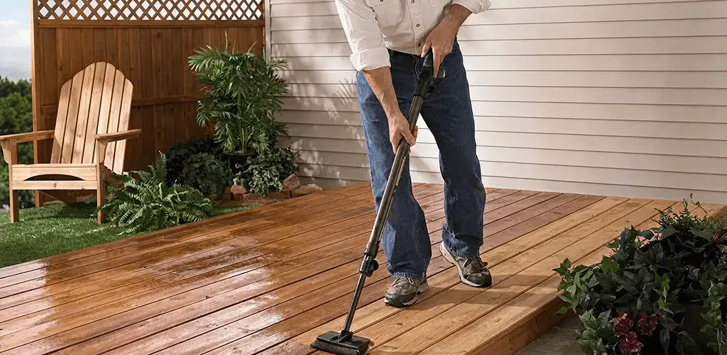 Deck staining service applying stain to a backyard wood deck in Tacoma, WA